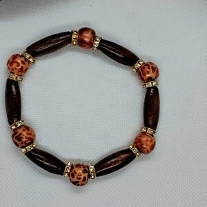 Brown Leopard print Beads with Gold tone rhinestone spacers Beaded Bracelet